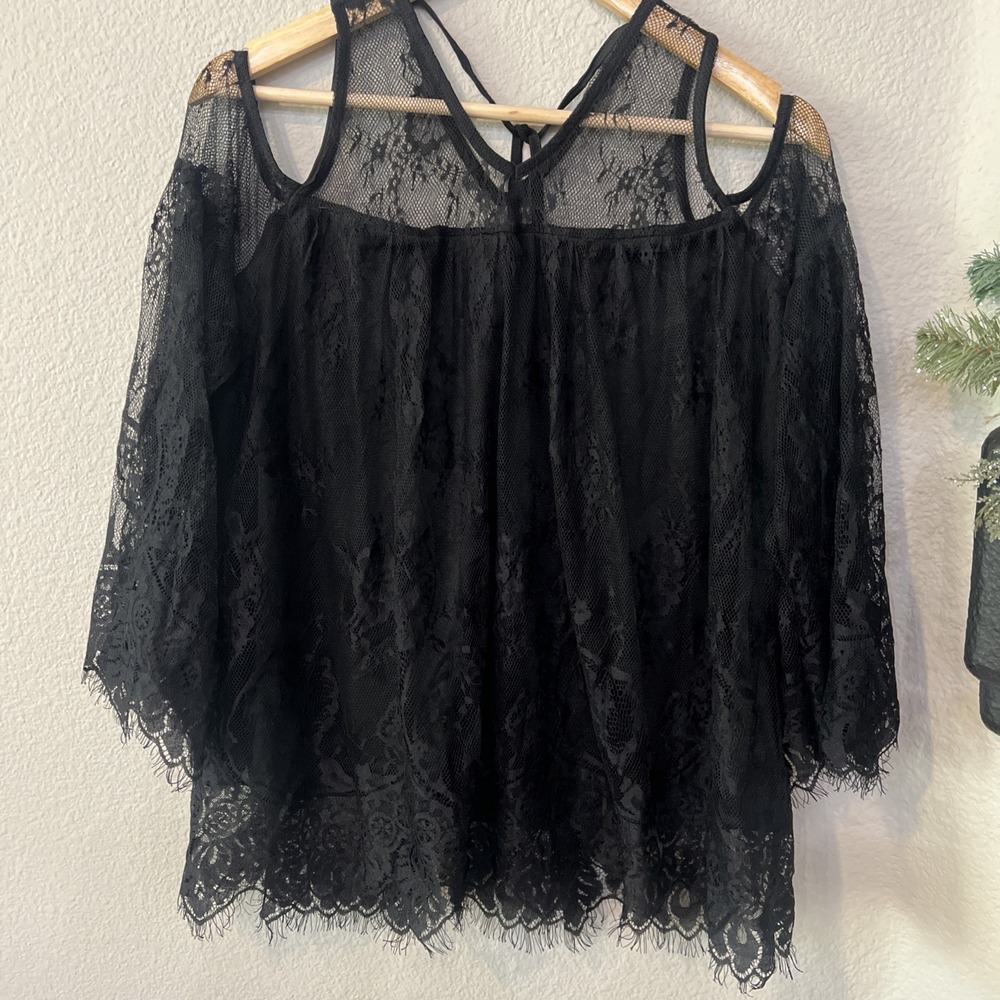Rain Blouse BLACK Lace Sheer Lined Romantic Fairy 90s 100% Nylon LARGE